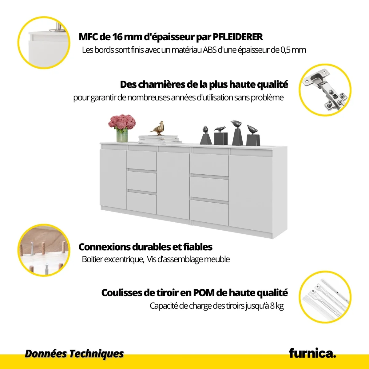 MIKEL - Commode 6 Tiroirs et 3 Portes - Armoire de Rangement pour Couloir / Chambre à Coucher - Buffet - Anthracite / Blanc Matt H75cm L200cm P35cm – Image 6