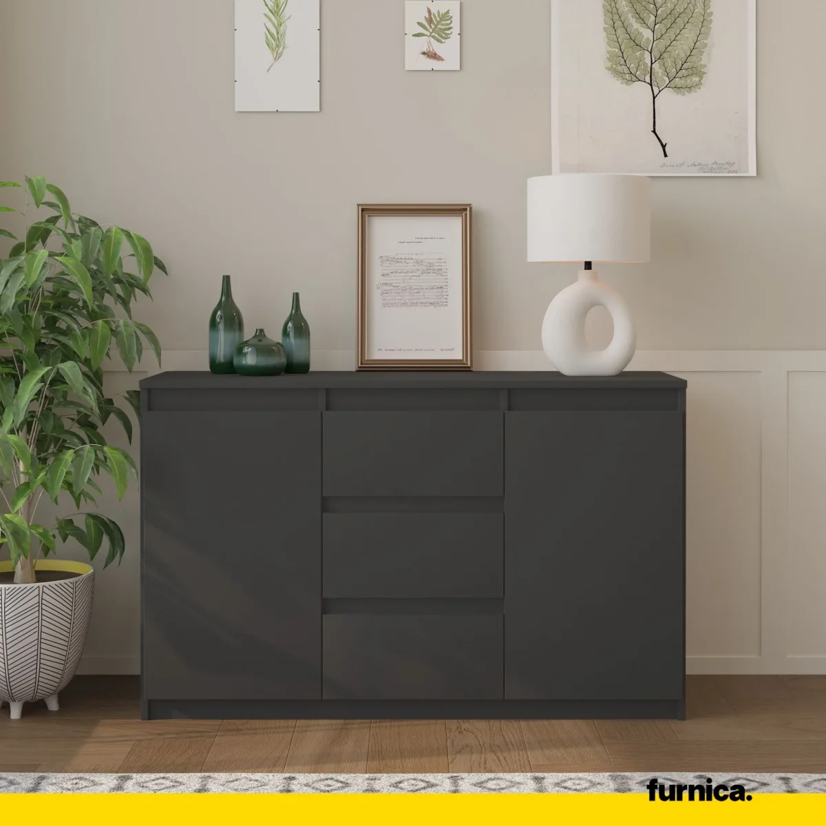 MIKEL - Commode 3 Tiroirs et 2 Portes - Armoire de Rangement pour Couloir/Chambre à Coucher - Buffet - H75cm L120cm P35cm (Anthracite) – Image 4