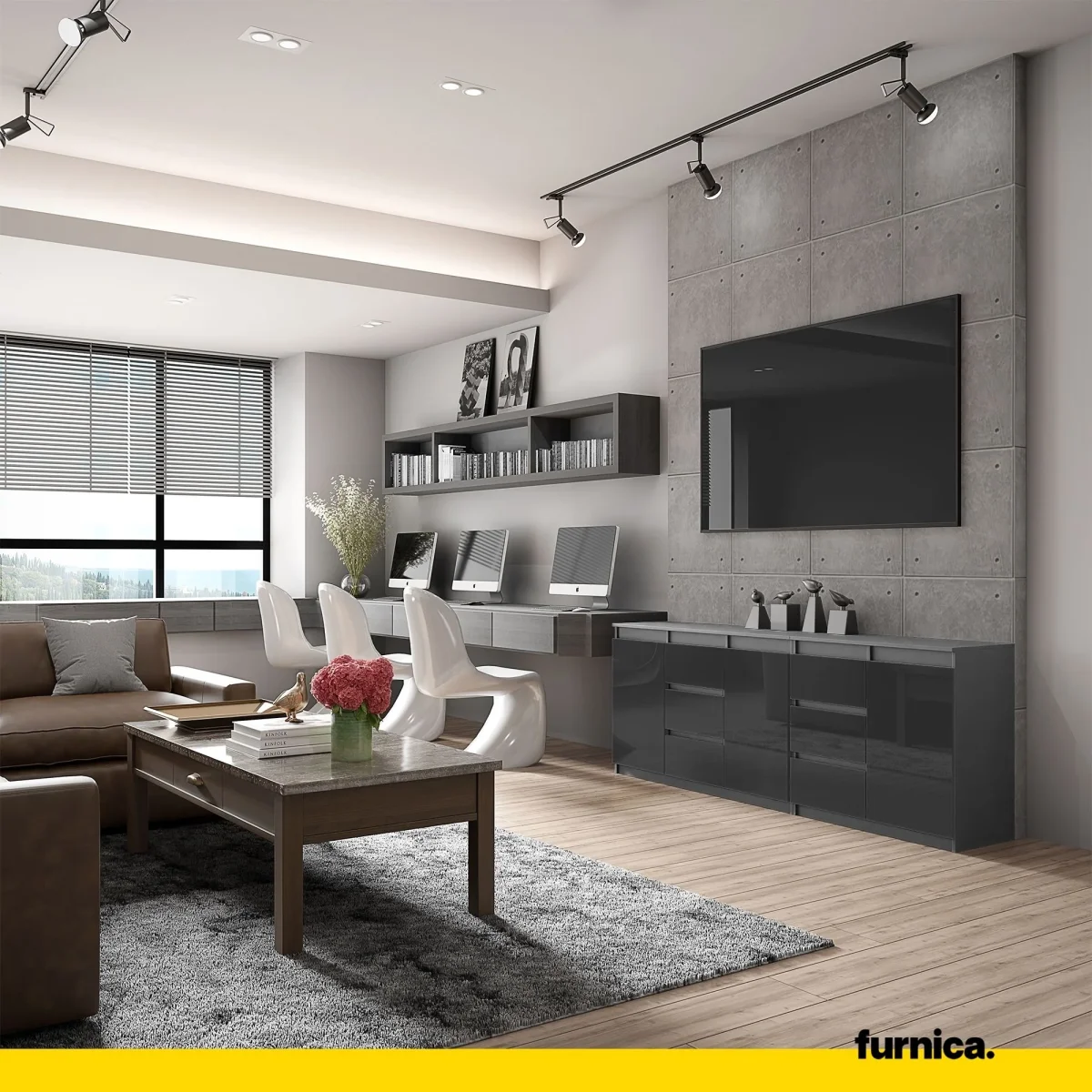 MIKEL - Commode 6 Tiroirs et 3 Portes - Armoire de Rangement pour Couloir / Chambre à Coucher - Buffet - Anthracite / Noir Brillant H75cm L200cm P35cm – Image 4