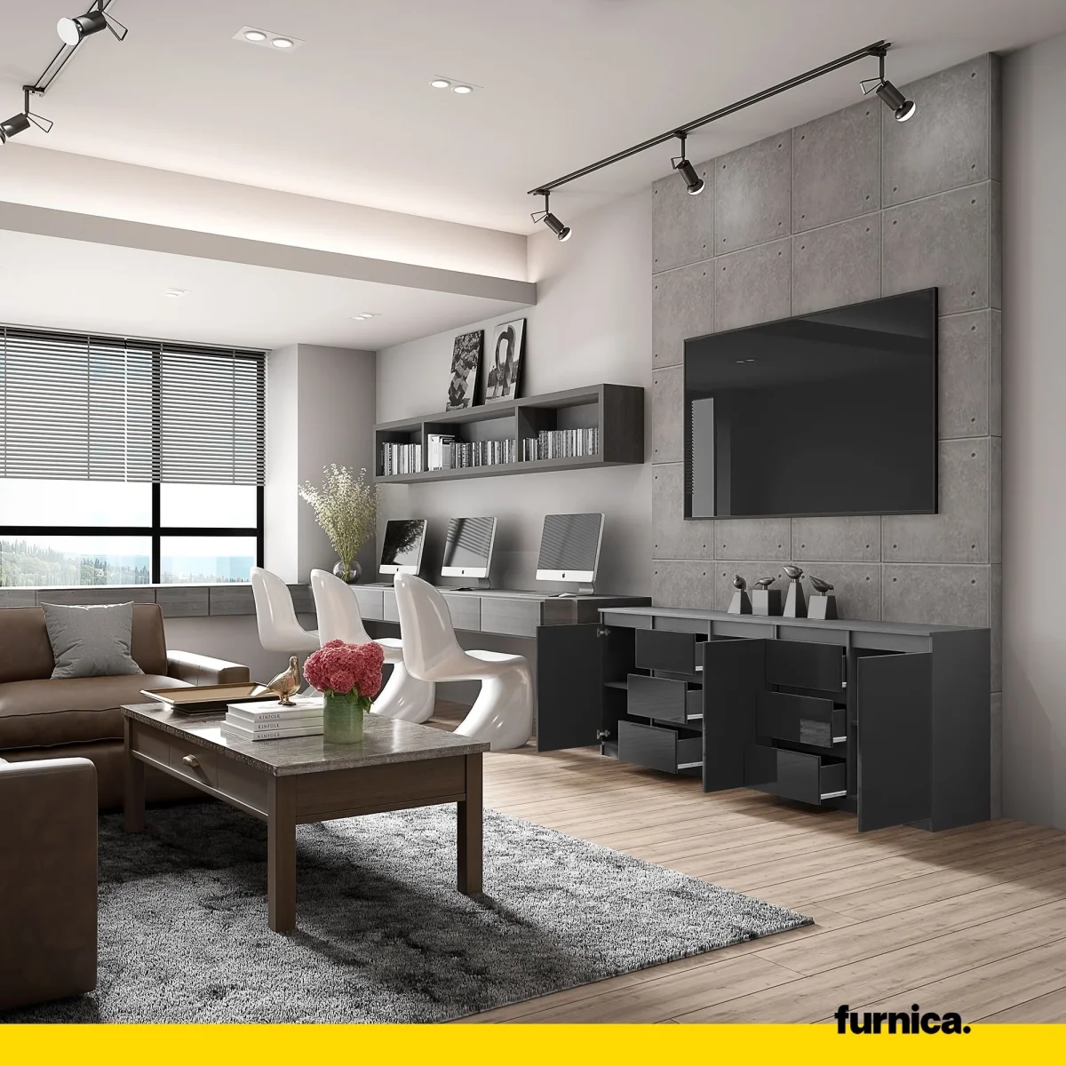 MIKEL - Commode 6 Tiroirs et 3 Portes - Armoire de Rangement pour Couloir / Chambre à Coucher - Buffet - Anthracite / Noir Brillant H75cm L200cm P35cm – Image 5