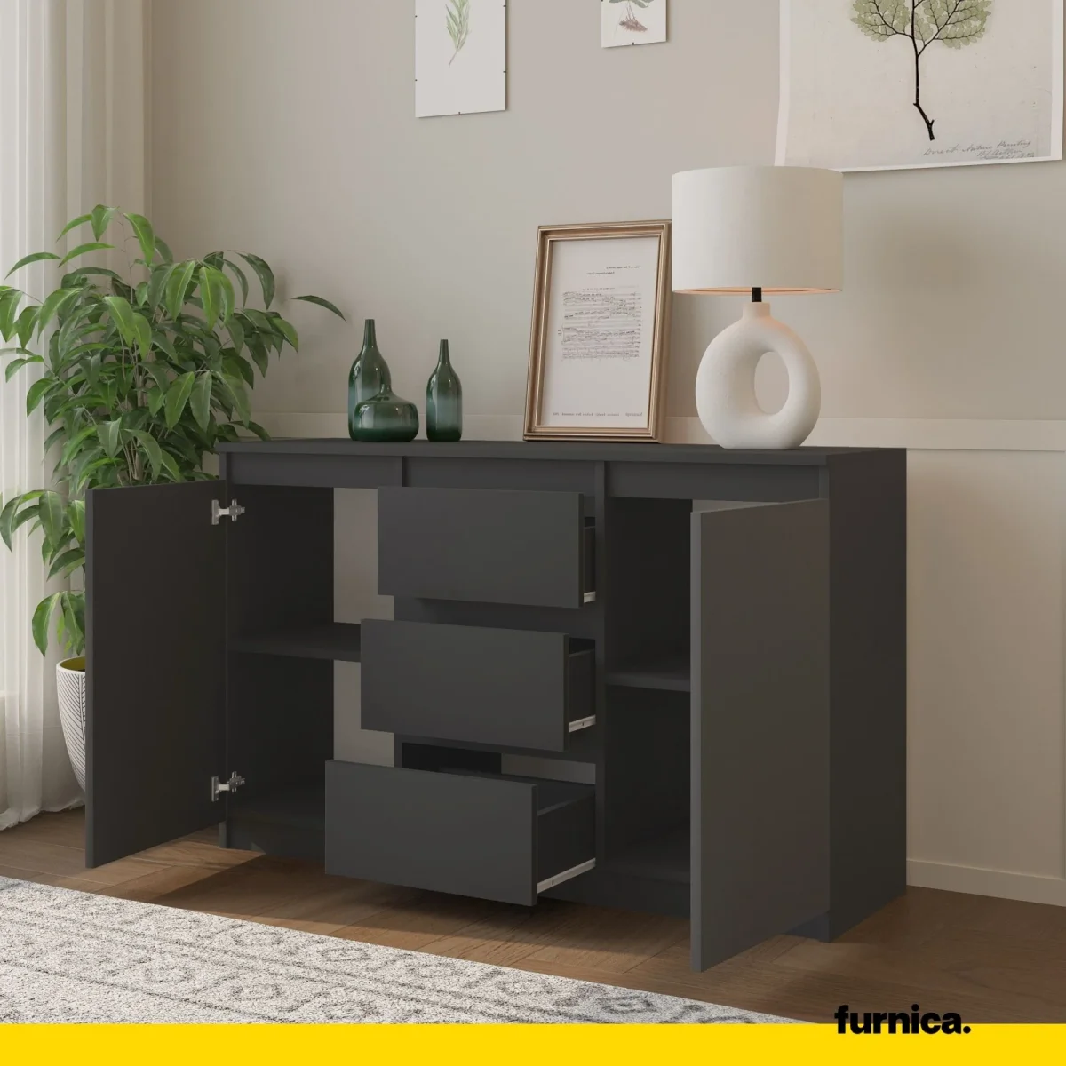 MIKEL - Commode 3 Tiroirs et 2 Portes - Armoire de Rangement pour Couloir/Chambre à Coucher - Buffet - H75cm L120cm P35cm (Anthracite) – Image 6