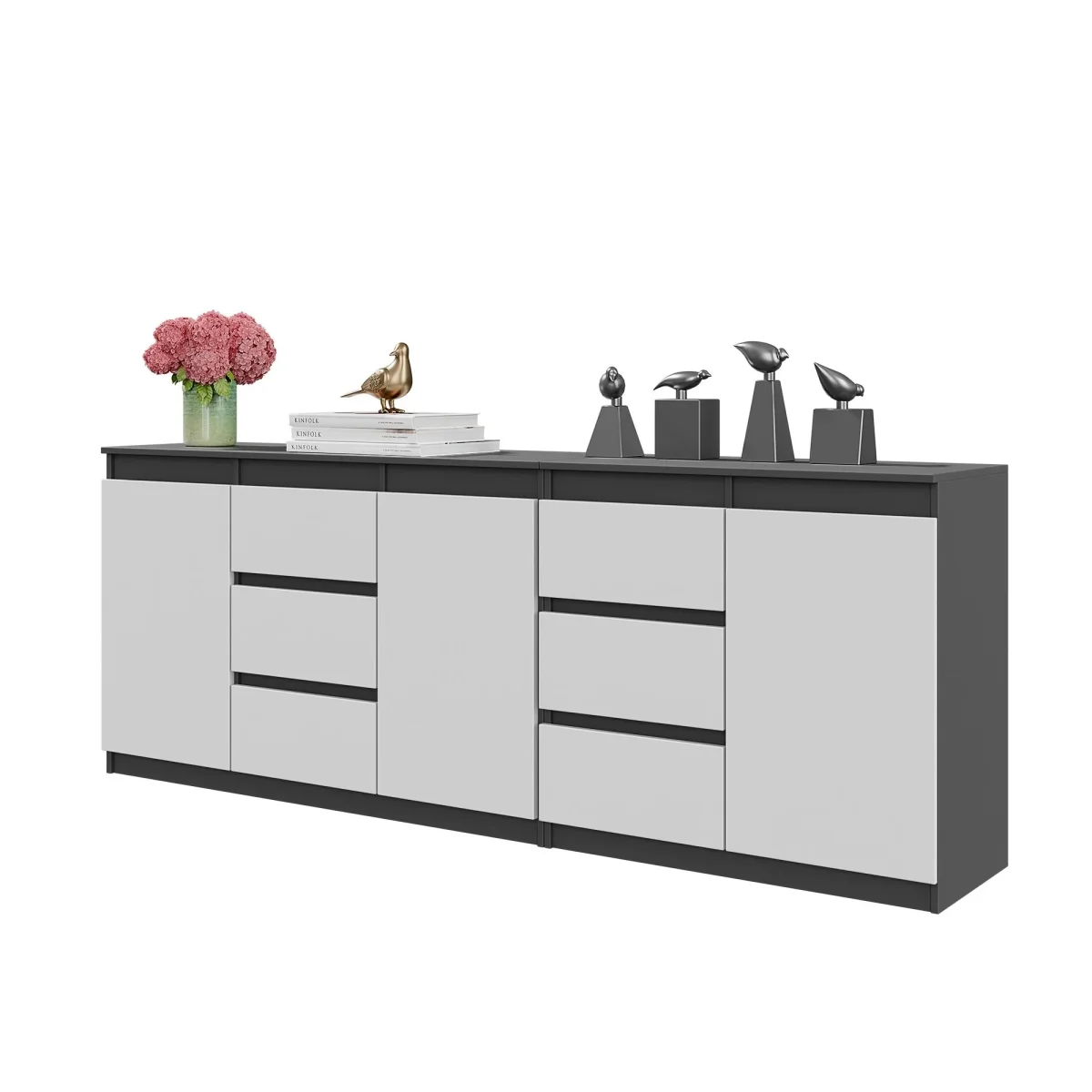 MIKEL - Commode 6 Tiroirs et 3 Portes - Armoire de Rangement pour Couloir / Chambre à Coucher - Buffet - Anthracite / Blanc Matt H75cm L200cm P35cm