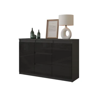 MIKEL - Commode 3 Tiroirs et 2 Portes - Armoire de Rangement pour Couloir/Chambre à Coucher - Buffet - H75cm L120cm P35cm (Anthracite/Noir Brillant)
