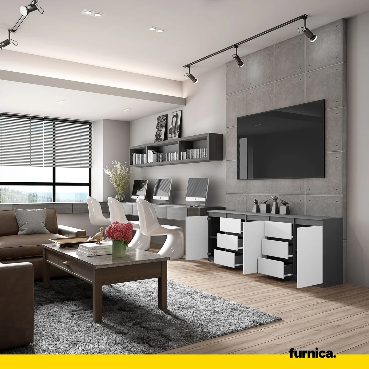 MIKEL - Commode 6 Tiroirs et 3 Portes - Armoire de Rangement pour Couloir / Chambre à Coucher - Buffet - Anthracite / Blanc Matt H75cm L200cm P35cm – Image 5