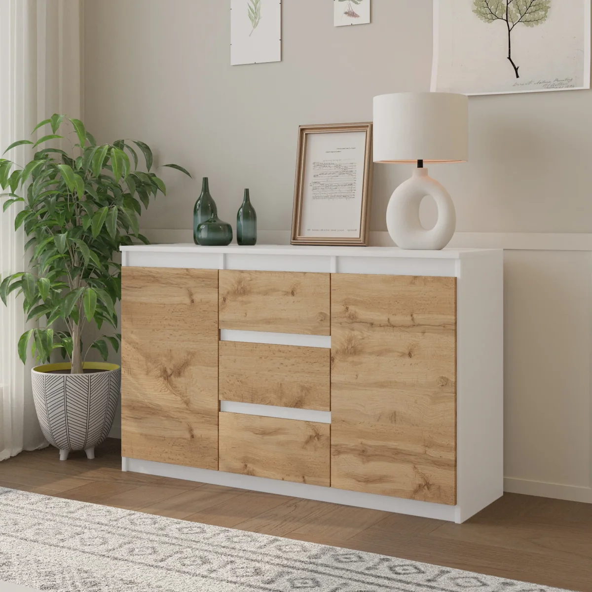 MIKEL - Commode 3 Tiroirs et 2 Portes - Armoire de Rangement pour Couloir/Chambre à Coucher - Buffet - H75cm L120cm P35cm (Blanc/Chêne Wotan) – Image 5