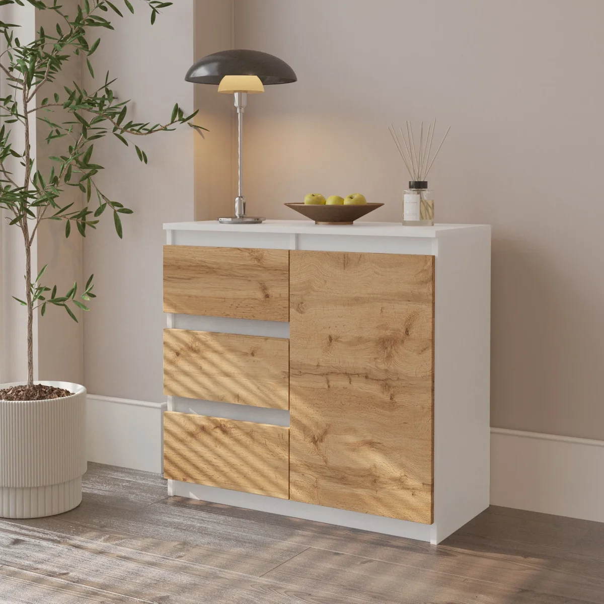 MIKEL - Commode 3 Tiroirs et 1 Porte - Armoire de Rangement pour Couloir/Chambre à Coucher - Buffet - H75cm L80cm P35cm (Blanc/Chêne Wotan) – Image 5