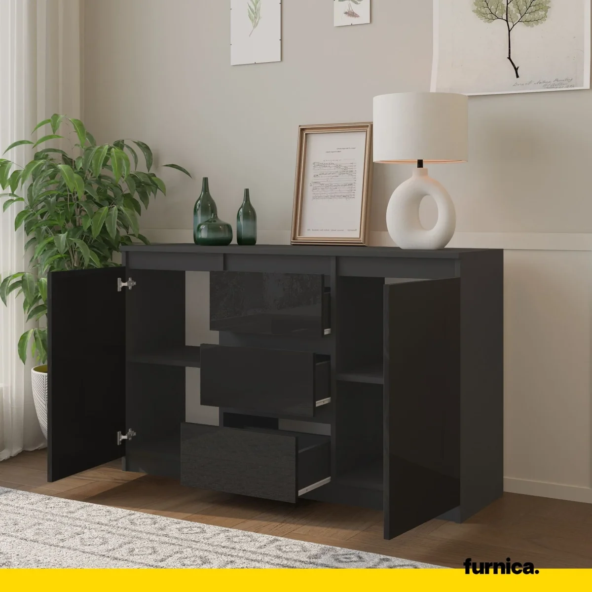 MIKEL - Commode 3 Tiroirs et 2 Portes - Armoire de Rangement pour Couloir/Chambre à Coucher - Buffet - H75cm L120cm P35cm (Anthracite/Noir Brillant) – Image 6