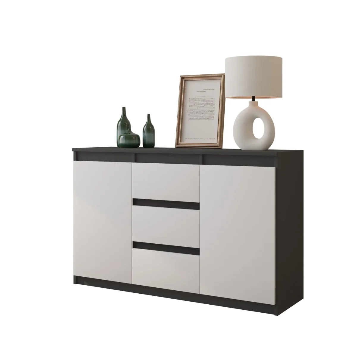 MIKEL - Commode 3 Tiroirs et 2 Portes - Armoire de Rangement pour Couloir/Chambre à Coucher - Buffet - H75cm L120cm P35cm (Anthracite/Blanc) – Image 2