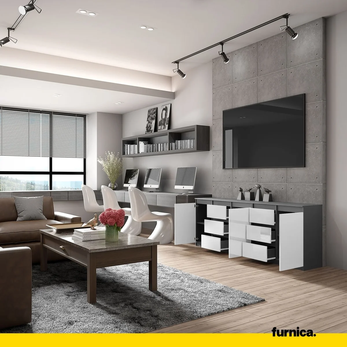 MIKEL - Commode 6 Tiroirs et 3 Portes - Armoire de Rangement pour Couloir / Chambre à Coucher - Buffet - Anthracite / Blanc Brillant H75cm L200cm P35cm – Image 5